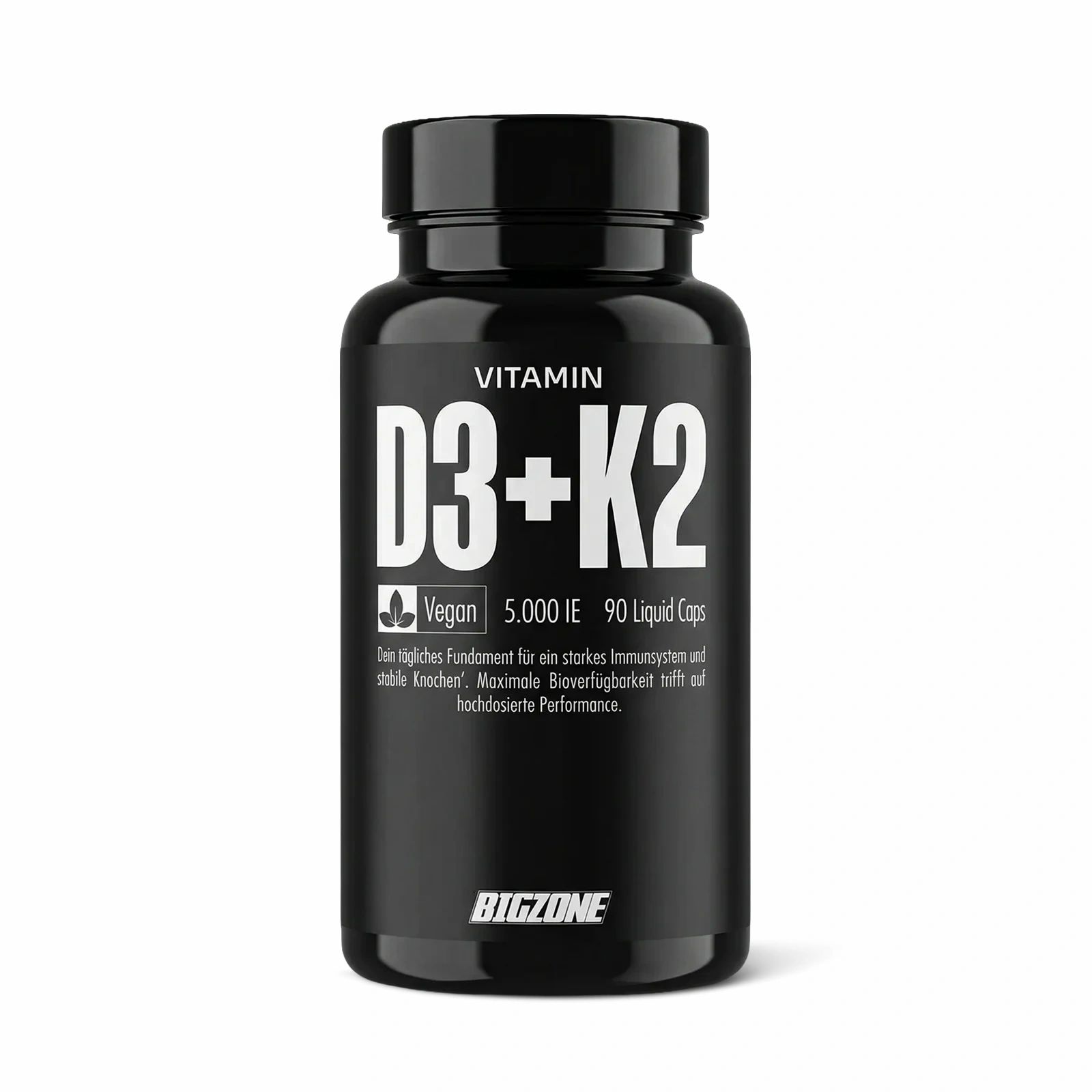 Schwarze Flasche mit 'Vitamin D3+K2'. Vegan, 5.000 IE, 90 Liquid Caps. Text über Immunsystem und Knochen.