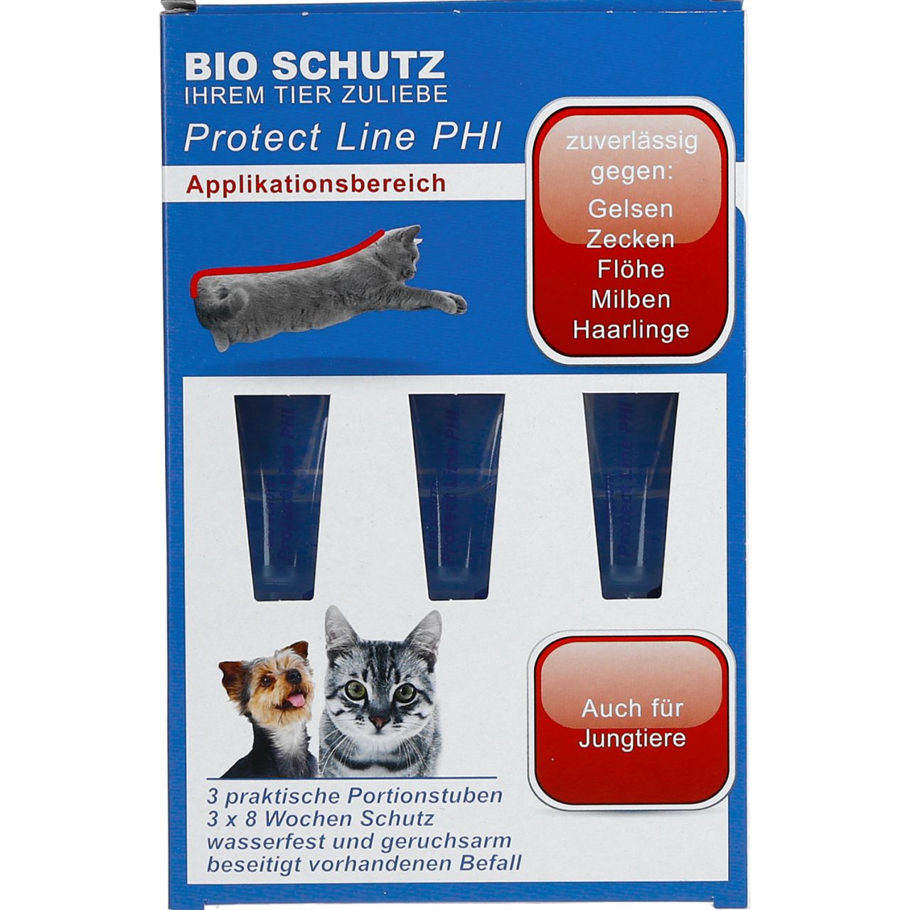 Verpackung mit Produktabbildung und Text. Enthält drei Portionen für Katzen und kleine Hunde. Text: Protect Line PHI, gegen Zecken, Flöhe, Milben, Haarlinge.