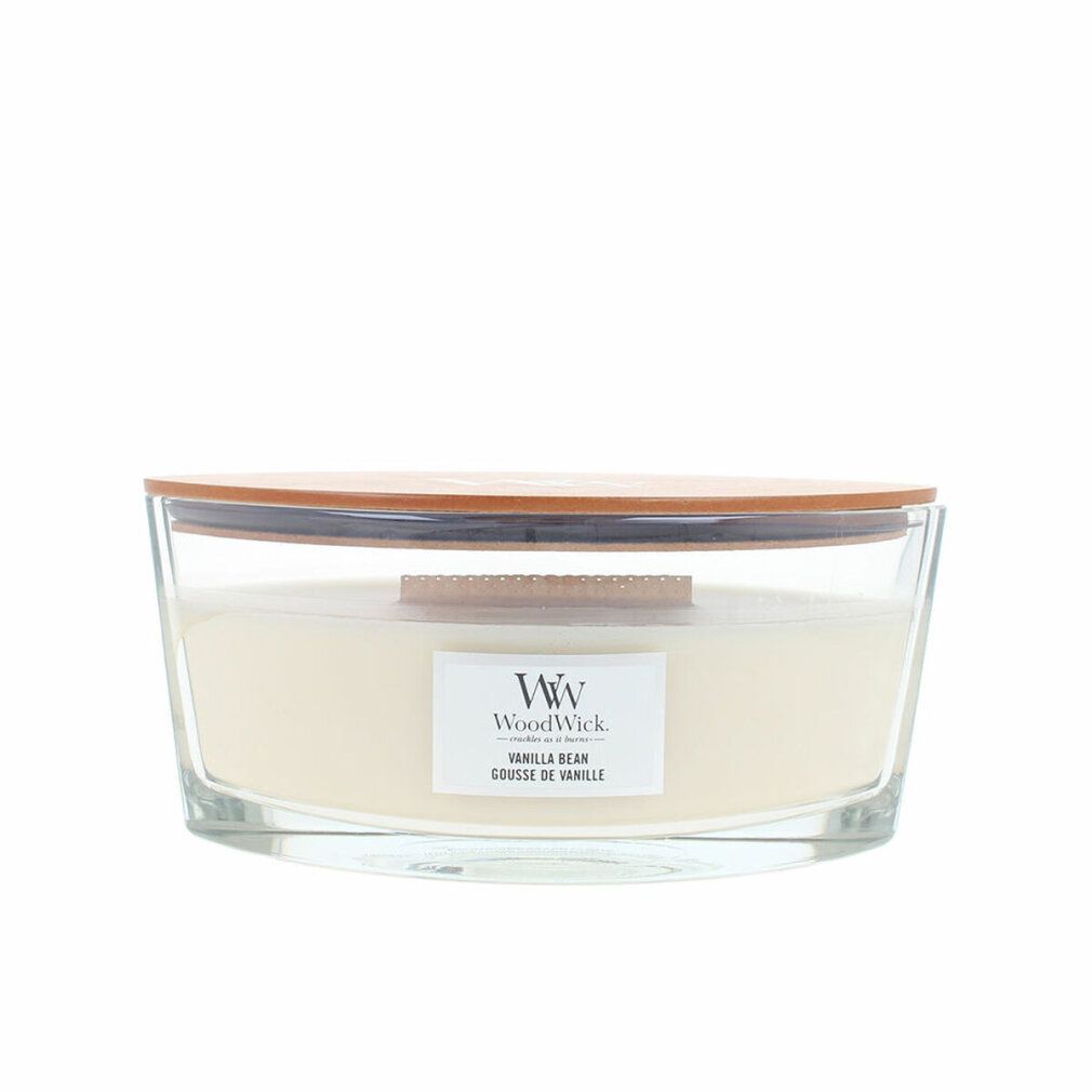 Kerze mit Glasbehälter, Holzdeckel. Aufkleber "WoodWick Vanilla Bean".