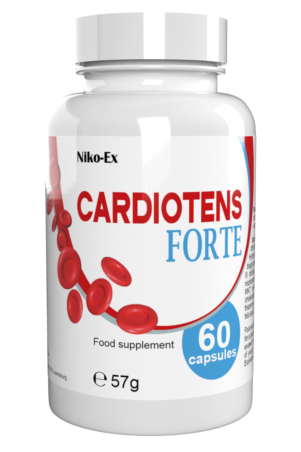 Weiße Kapsel-Dose mit rotem Design. Aufschrift: Cardiotens Forte, 60 Kapseln, Nahrungsergänzungsmittel, 57g.