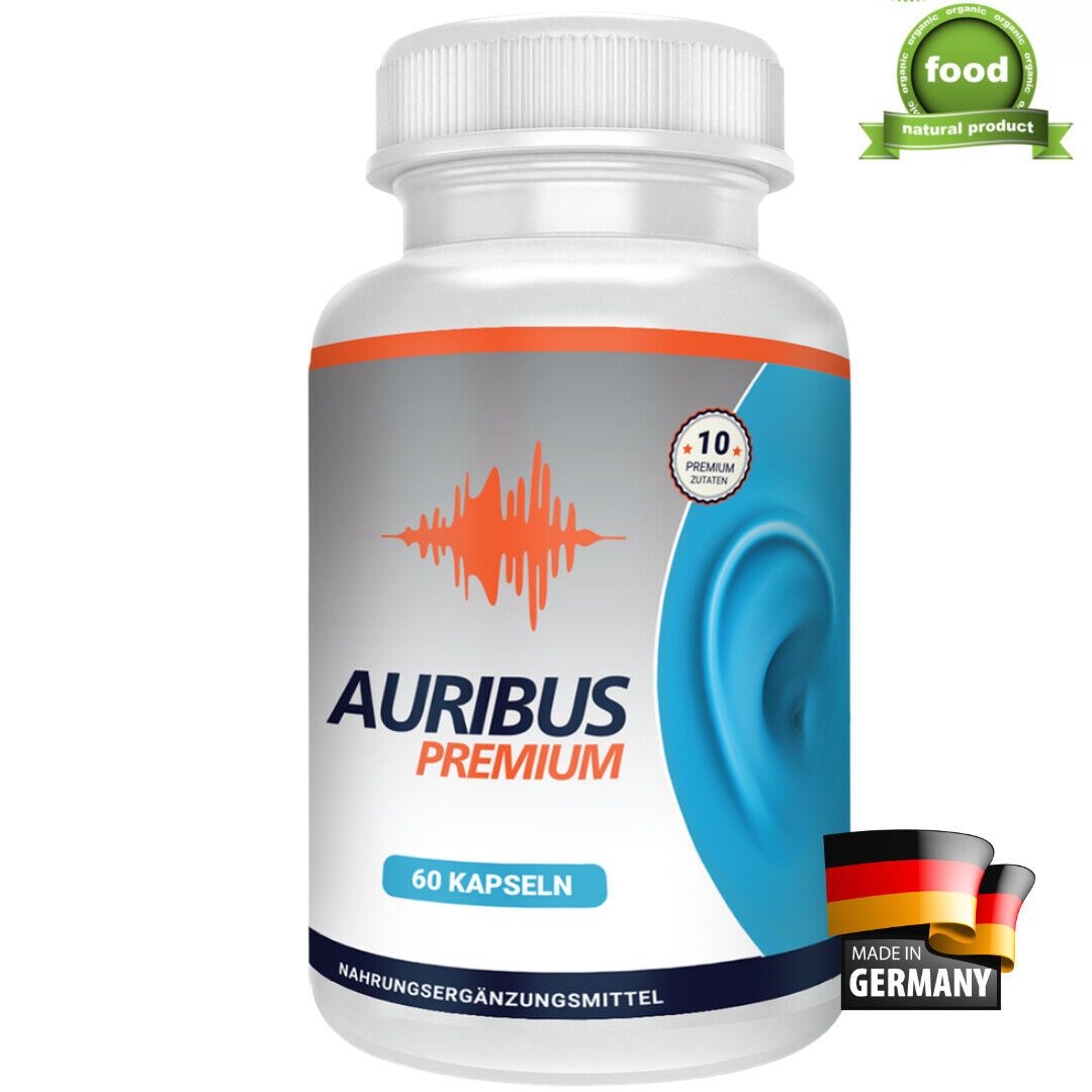 Auribus Premium Flasche mit 60 Kapseln. Weiße Kapseln in weißem Behälter. Aufschrift: Nahrungsergänzungsmittel. Made in Germany.