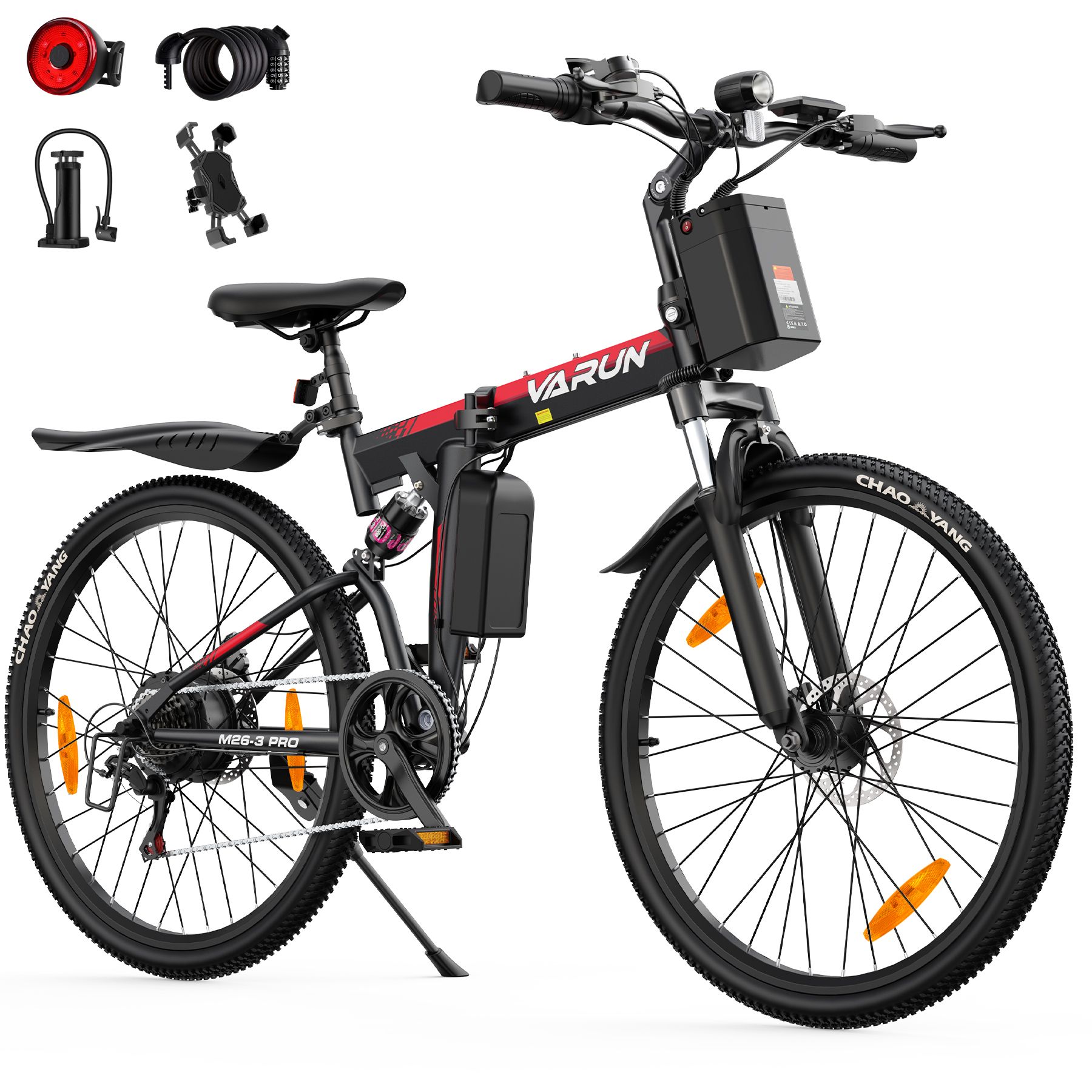 E-Bike, schwarzes Design mit roten Akzenten. VARUN-Logo sichtbar. Vollfederung, Scheibenbremsen. Reifenmarke: CHAOYANG.