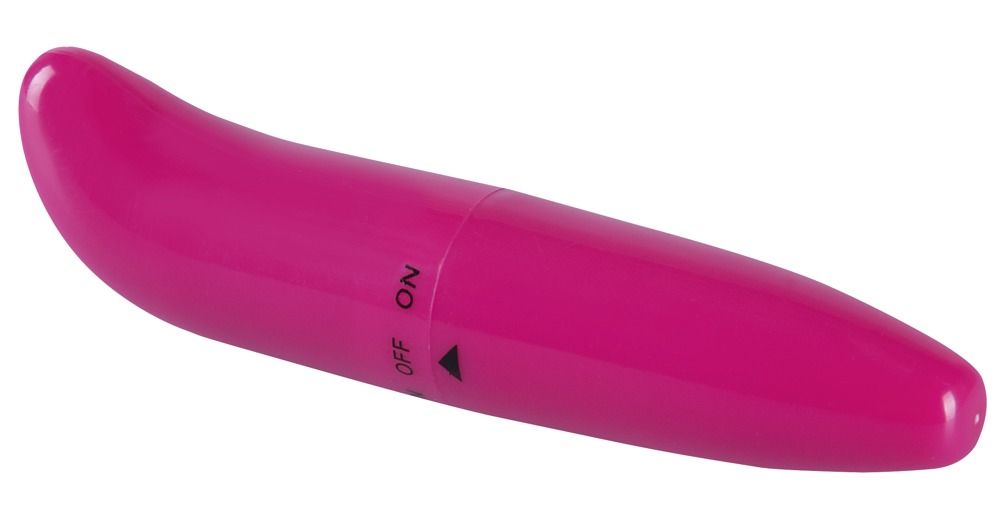 Pinkfarbener Vibrator mit abgerundeter Form. Auf der Oberfläche sind die Einstellungen OFF und ON markiert.