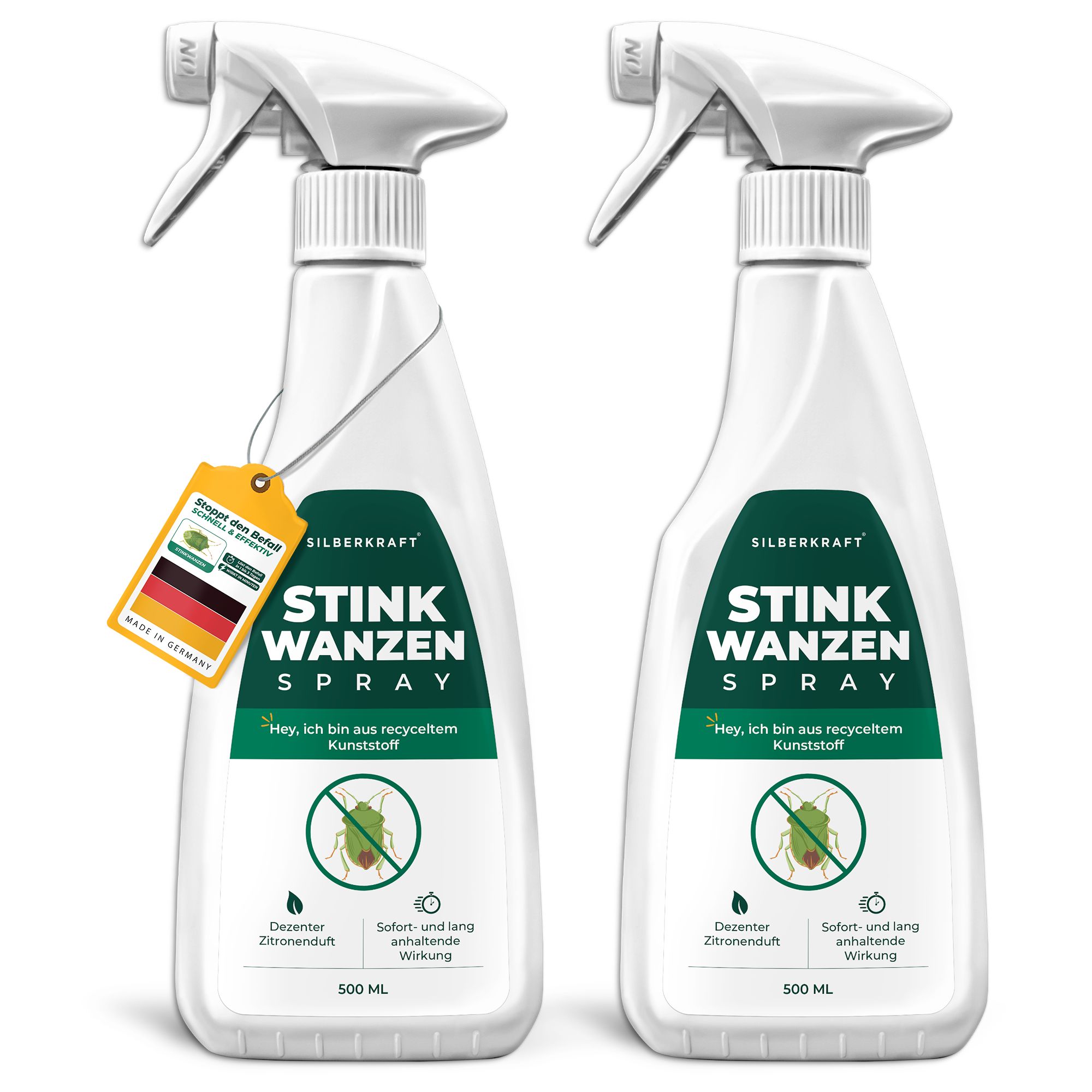 Stinkwanzen Spray, 2x 500ml Sprühflaschen. Aus recyceltem Kunststoff. Sofort- und lang anhaltende Wirkung.