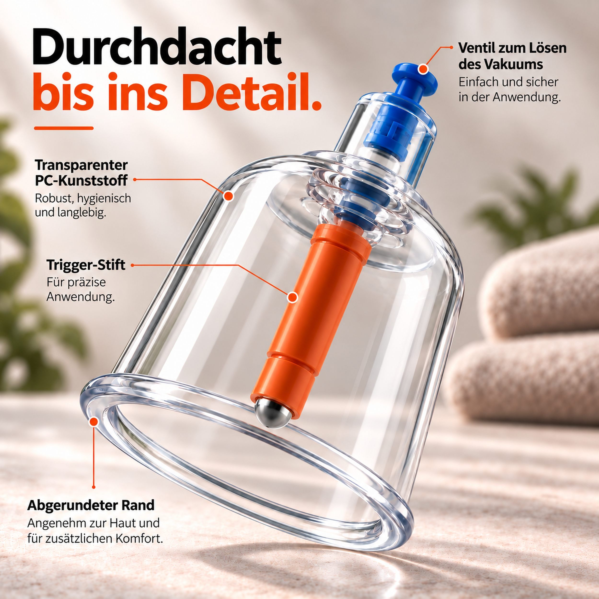 Detailansicht eines Schröpfglases: PC-Kunststoff, Trigger-Stift, Ablassventil.