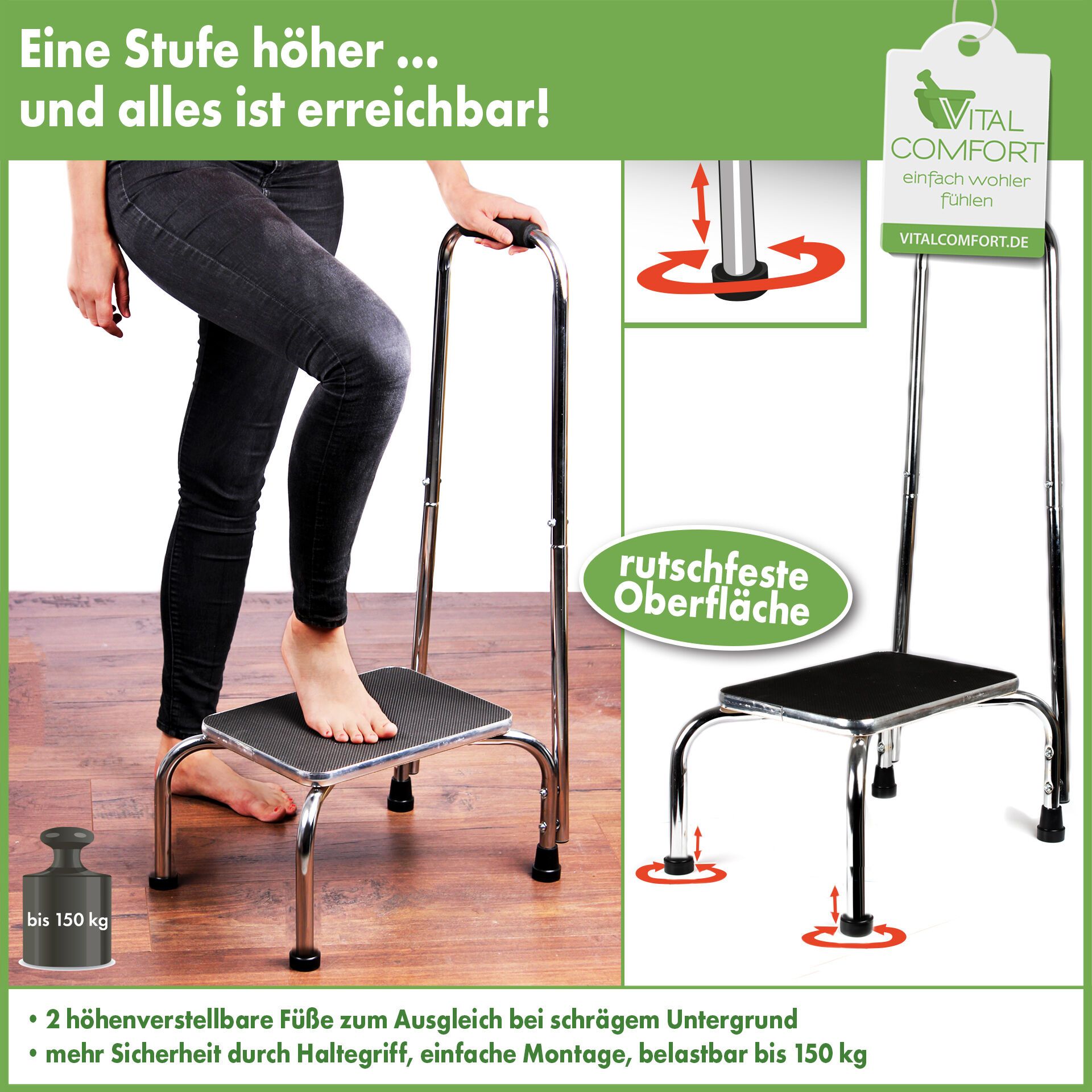 Vital Comfort sichere u. standfeste Trittstufe mit Haltegriff in Chrom-Design - belastbar 150 kg
