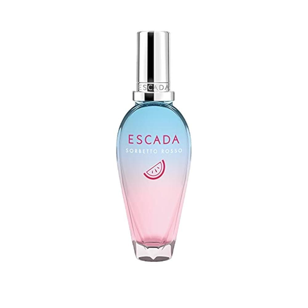 Escada Sorbetto Rosso Eau de Toilette Spray. Flakon mit Farbverlauf von Blau zu Rosa, silberner Verschluss.