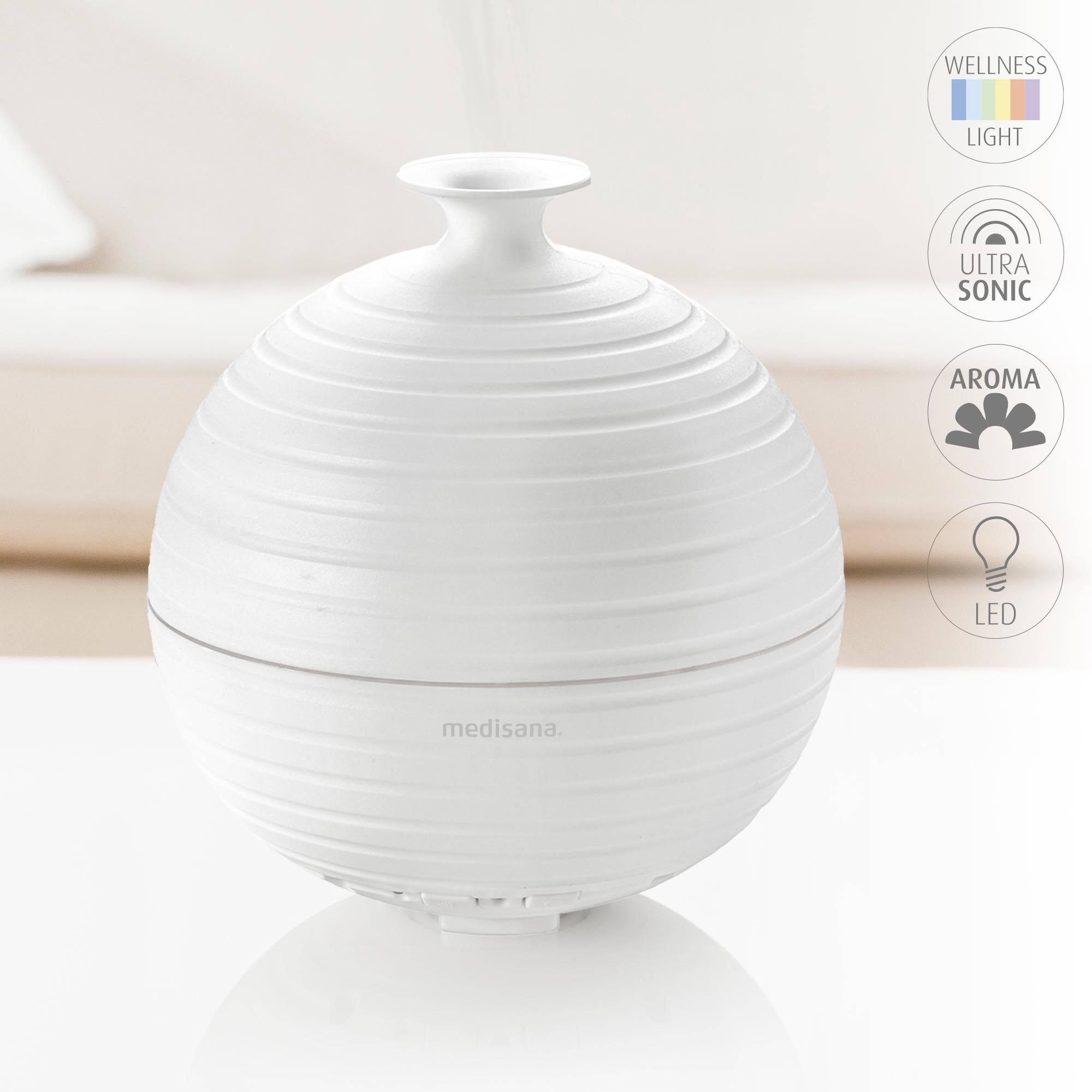 Weißer Aroma-Diffusor mit Symbolen für Licht, Ultraschall und Aroma.