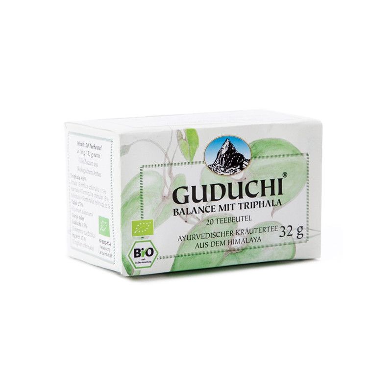 Karton mit Aufschrift "Guduchi Balance mit Triphala". Enthält 20 Teebeutel, 32 g. Bio-Siegel.