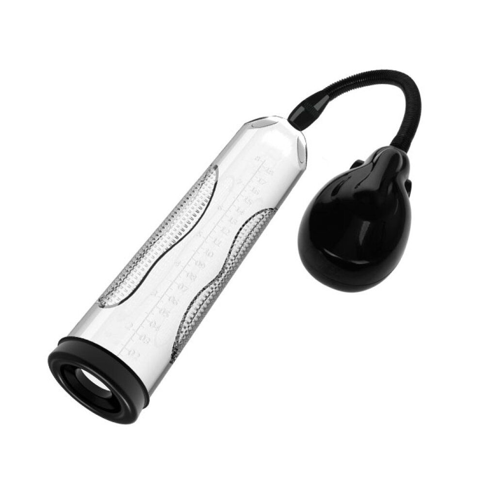 Penis Pumpe mit transparentem Zylinder, schwarzem Schlauch und Pumpe. Zylinder mit Messskala. Schwarze Basis.