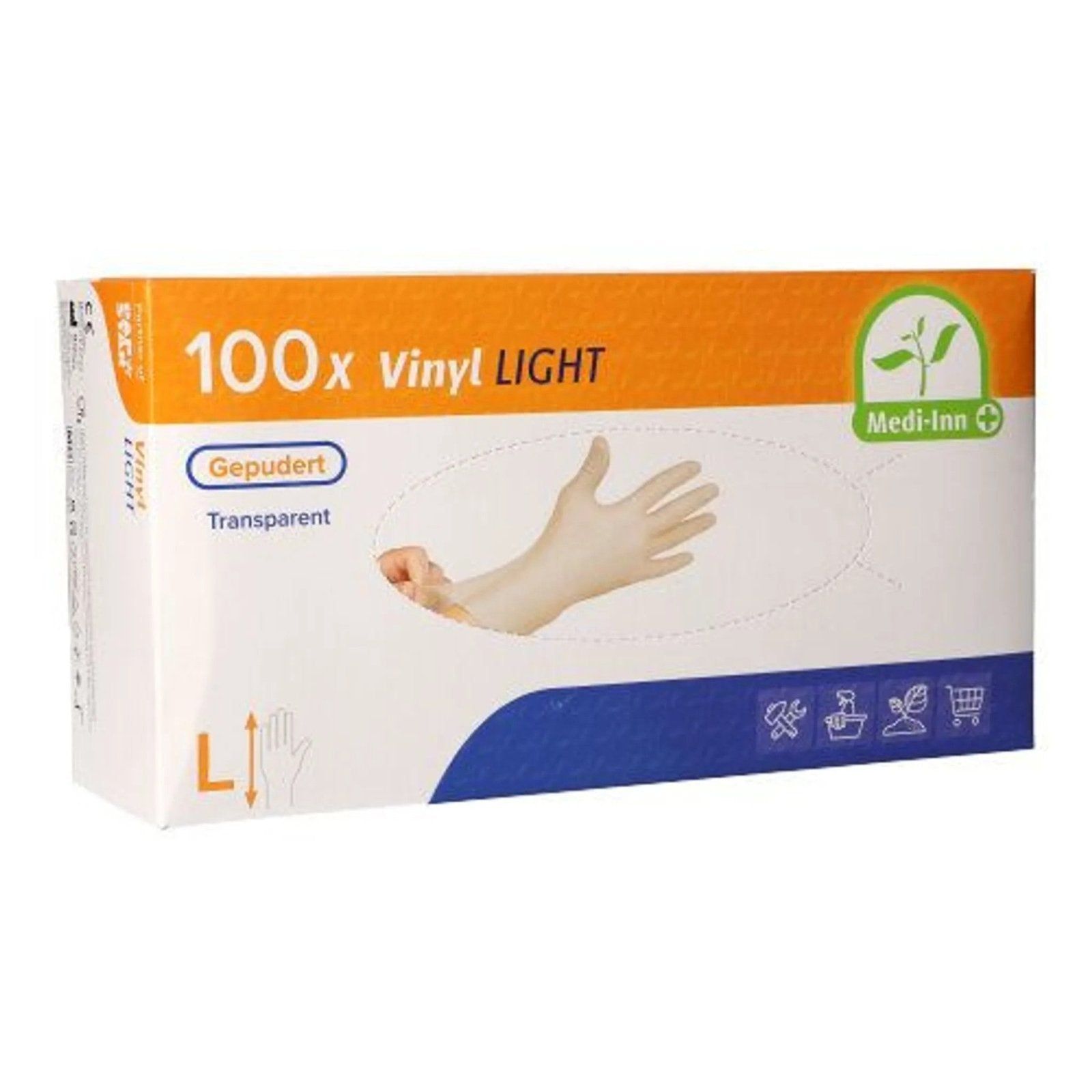 Verpackung mit 100 Vinyl LIGHT Einmalhandschuhen. Marke Medi-Inn. Handschuh in der Verpackung abgebildet. Größe L. Gepudert, transparent.