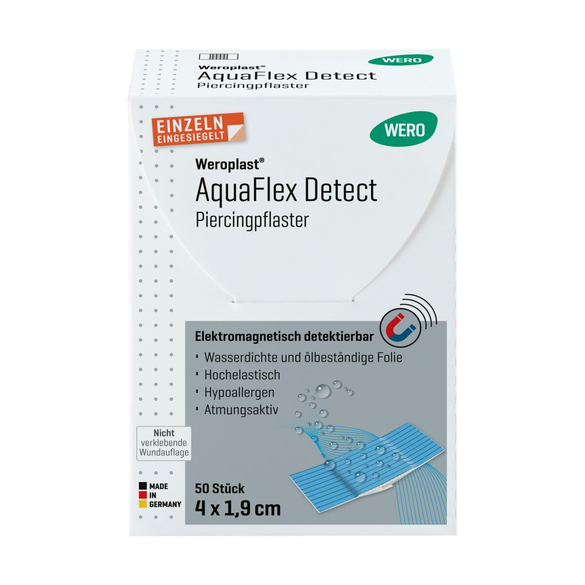 Verpackung Wero AquaFlex Detect Piercingpflaster, 50 Stück, 4x1,9 cm. Elektromagnetisch detektierbar, wasserdicht, hochelastisch.