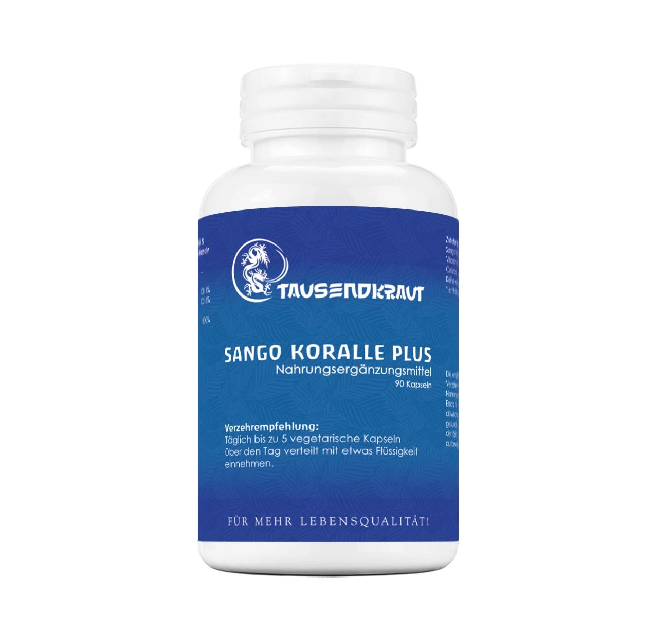 Weiße Flasche mit blauem Etikett. Aufschrift: Tausendkraut Sango Koralle PLUS Kapseln. Nahrungsergänzungsmittel.