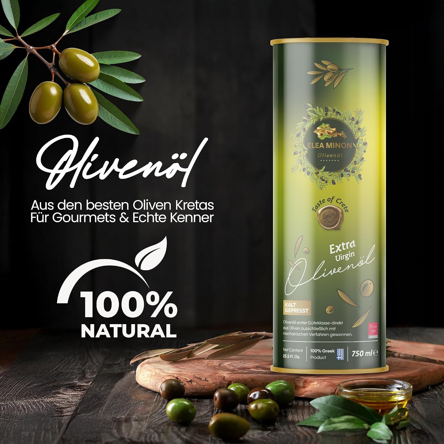 Kanister mit nativem Olivenöl, mit Olivenzweigen und Text "100% Natural".