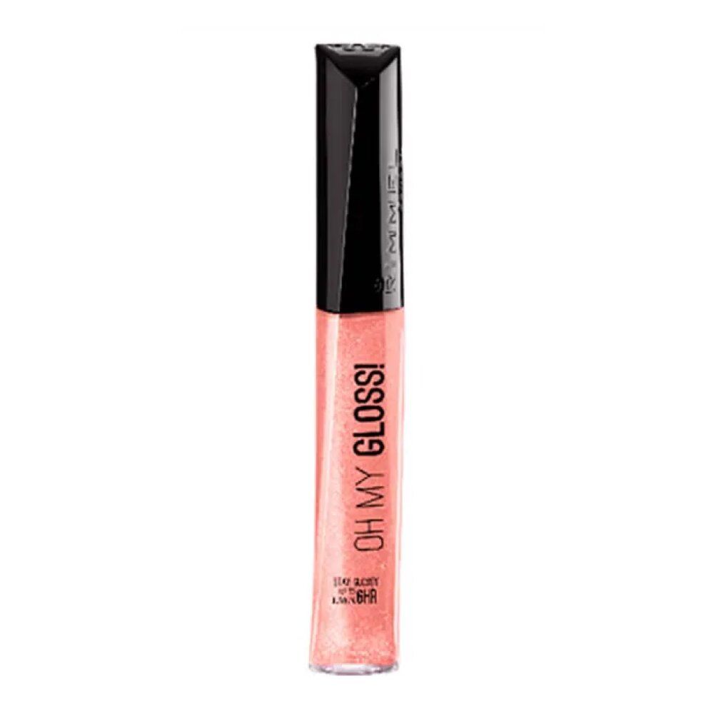Rimmel Oh My Gloss Lipgloss, Farbton 130 Purrrlossy Car. Transparente Tube mit schwarzem Deckel. Glänzende, rosafarbene Textur.