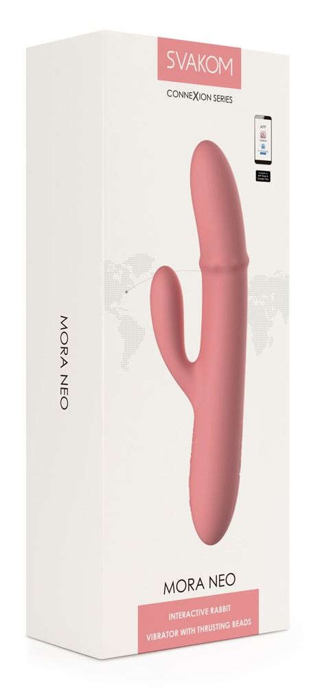Verpackung von SVAKOM Mora Neo. Rosa Vibrator-Illustration. Produktname und Logo sichtbar.