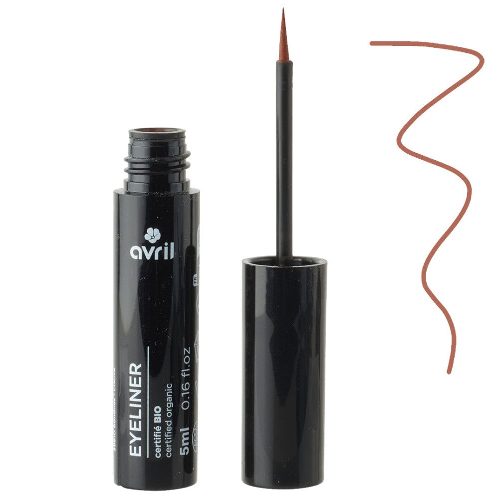 Schwarze Eyeliner-Flasche mit Pinsel. Aufschrift: Avril, Eyeliner, zertifiziert Bio, 5ml. Daneben ein brauner Strich.