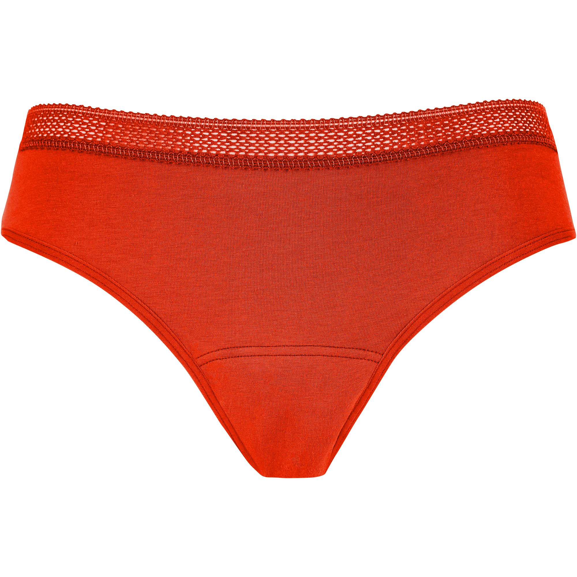 Orangener Slip mit Spitze am Bund. Blick von vorne.