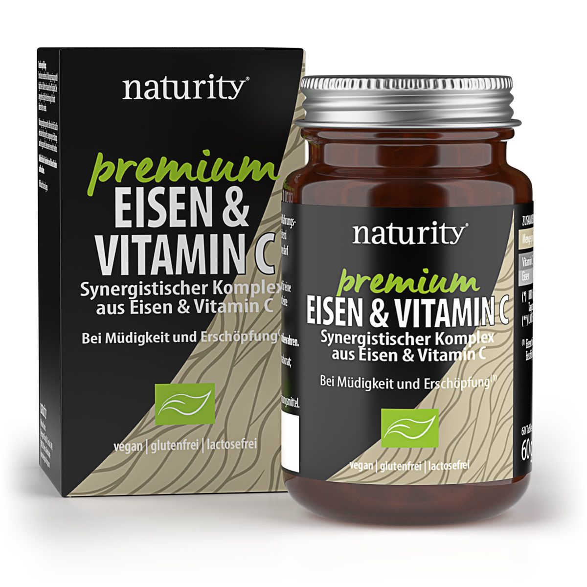 Braune Glasflasche und Schachtel mit "naturity premium EISEN & VITAMIN C". Grün-weiße Schrift, vegan, glutenfrei, laktosefrei.