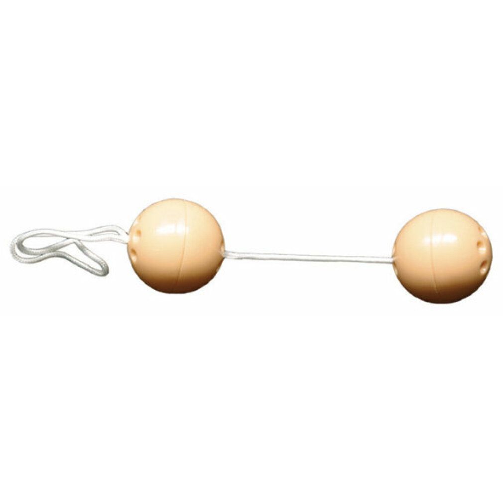 Zwei beige Kugeln, verbunden durch eine Schnur.