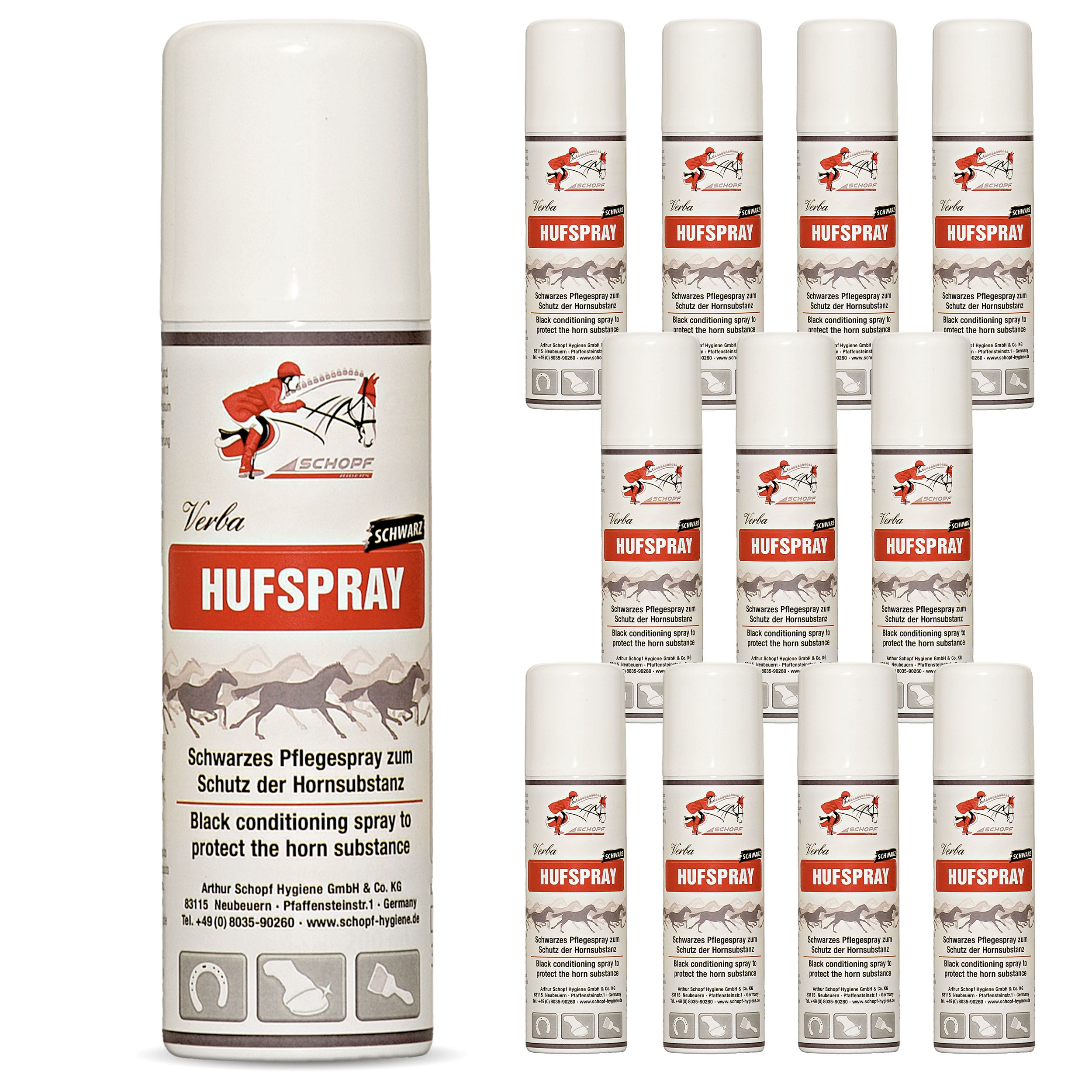 Eine Dose Hufspray neben elf weiteren. Weiße Dosen mit rotem Etikett, Text: Hufspray, Schwarzes Pflegespray zum Schutz der Hornsubstanz.