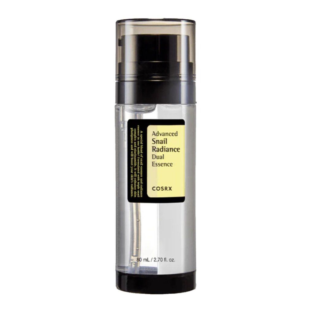 COSRX Advanced Snail Radiance Dual Essence Flasche mit Pumpspender, Vorderseite mit Etikett.