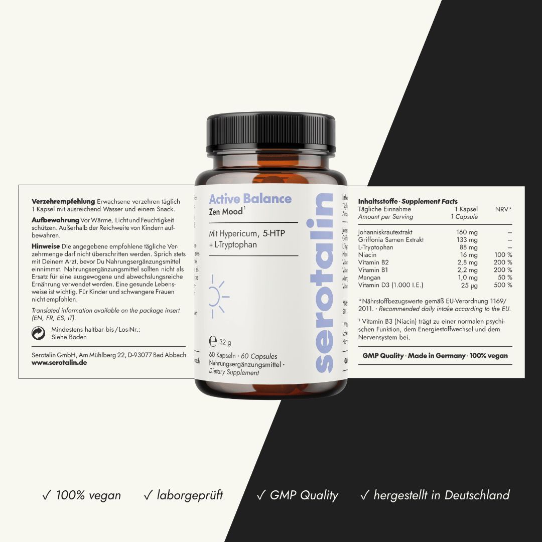 serotalin Active Balance Zen Mood | Johanniskraut, Griffonia & B-Vitaminen | Nerven & Psyche | Vegan