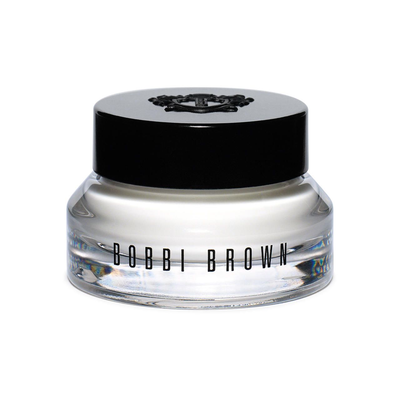Glasbehälter mit schwarzem Deckel. Aufschrift BOBBI BROWN. Cremefarbener Inhalt sichtbar.