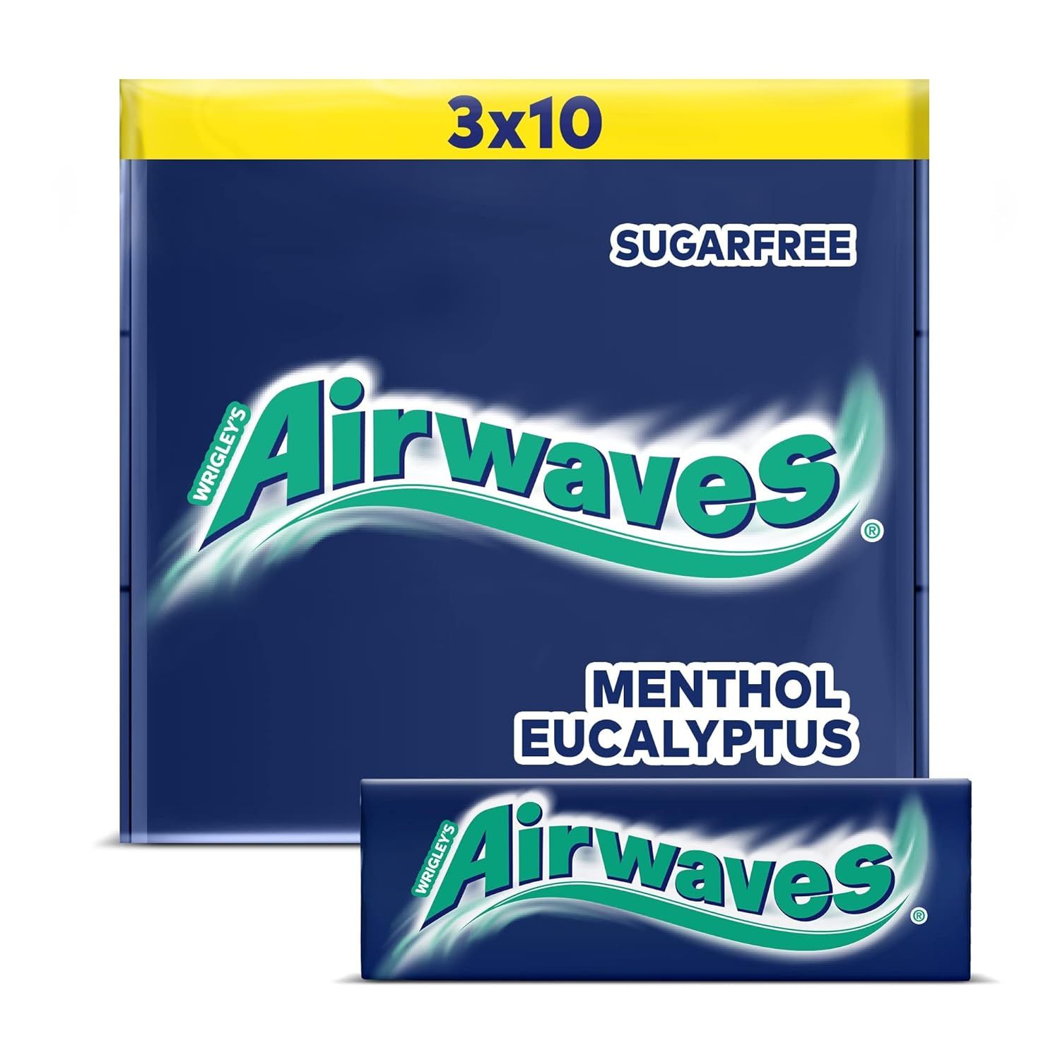 Multipack AIRWAVES. Blaue Verpackung mit Schriftzug 'Airwaves' und 'Menthol Eucalyptus'. Enthält 3x10 Kaugummis.