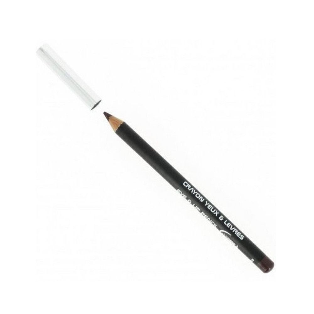Augen- und Lippenstift in Stiftform. Schwarzer Stift mit silberner Kappe. Aufschrift: Crayon Yeux & Lèvres.