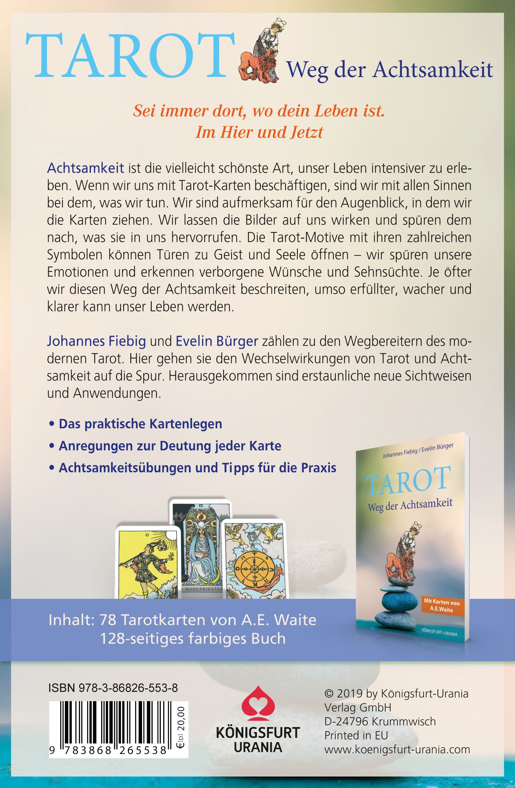 Rückseite des Buches "Tarot Weg der Achtsamkeit". Text, Kartenabbildungen, Buchcover-Miniatur. Verlagshinweise und ISBN.