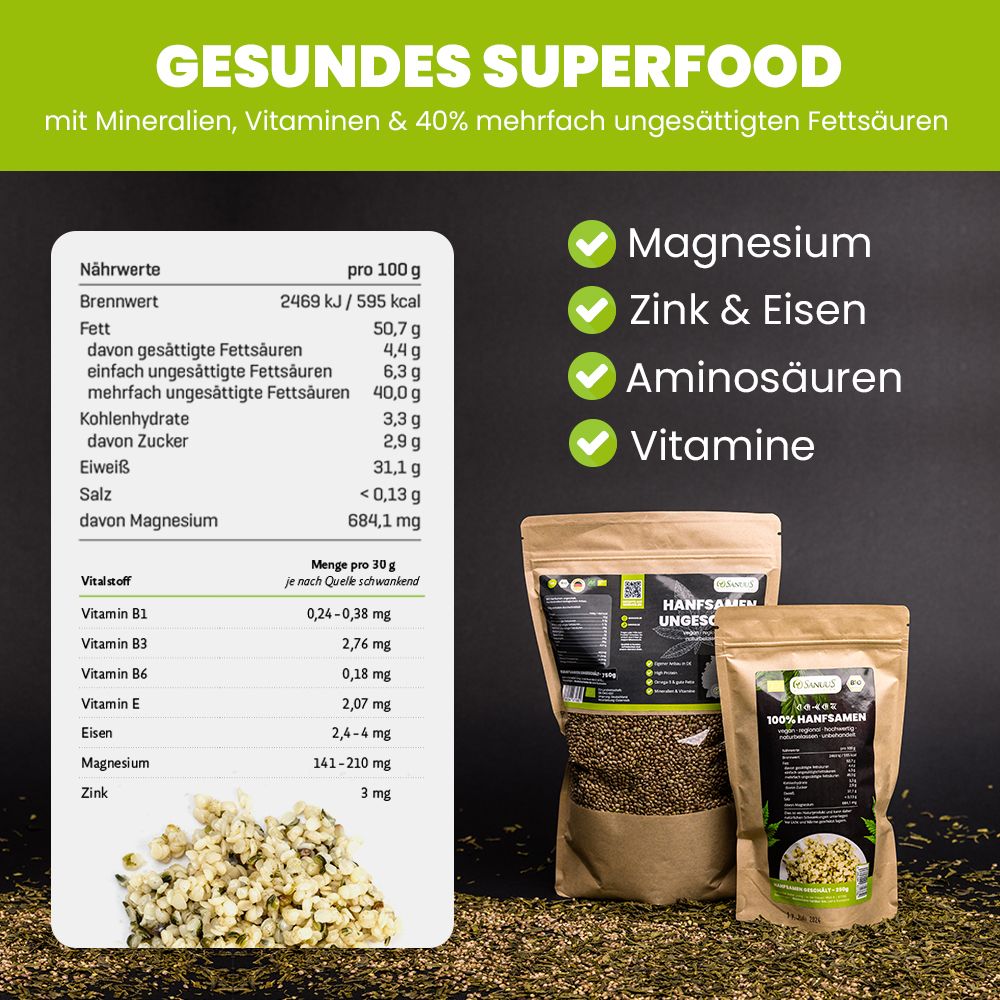 Sanuus® Bio Hanfsamen geschält 2x750g regional aus Bayern 2x750 g