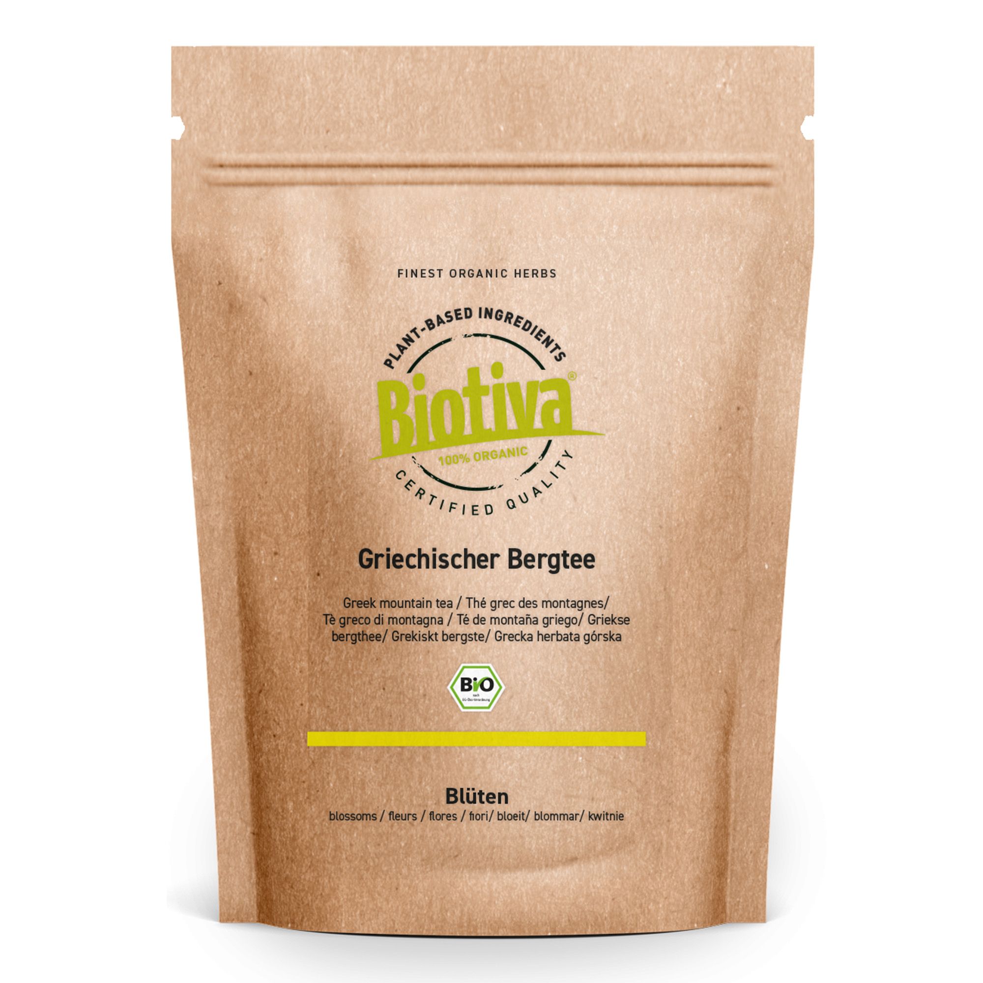 Beutel mit Biotiva Griechischer Bergtee Bio. Braune Papierverpackung mit Reißverschluss. Text: Griechischer Bergtee, Bio-Siegel.
