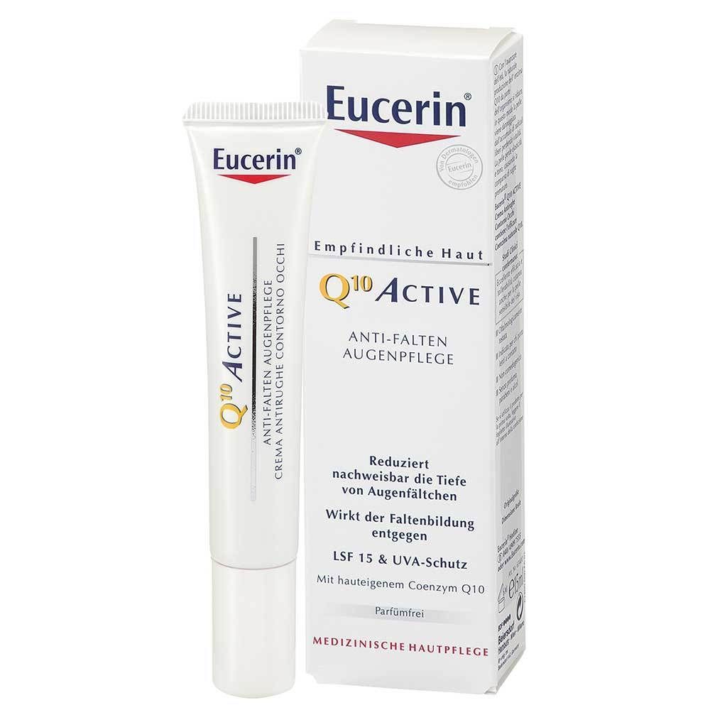Produktverpackung mit Tube und Karton. Eucerin, Q10 Active, Anti-Falten Augenpflege. Text in Deutsch und Italienisch.