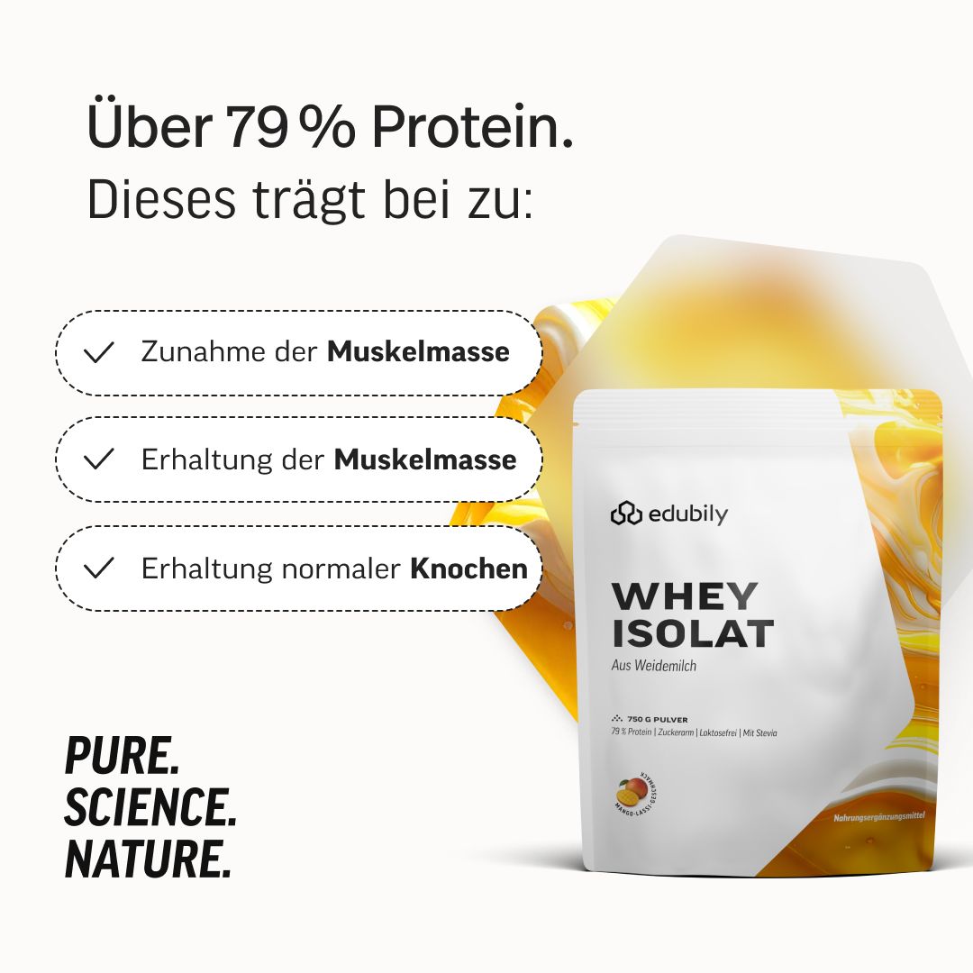 edubily® Whey Isolat Beutel mit Text: Über 79% Protein. Trägt bei zu Zunahme/Erhaltung Muskelmasse, Erhaltung Knochen.