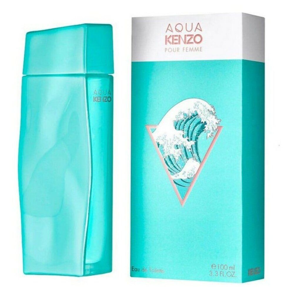 Türkisgrüner Flakon und Verpackung. Verpackung mit Wellenmotiv und Schriftzug AQUA KENZO POUR FEMME.