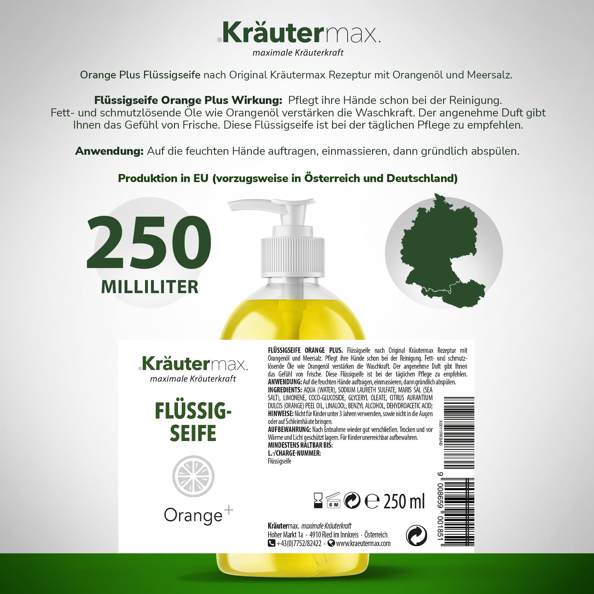 Flüssigseife Orange mit Etikett. Text: Kräutermax Flüssigseife Orange plus Meersalz, 250 ml. Inhaltsstoffe.
