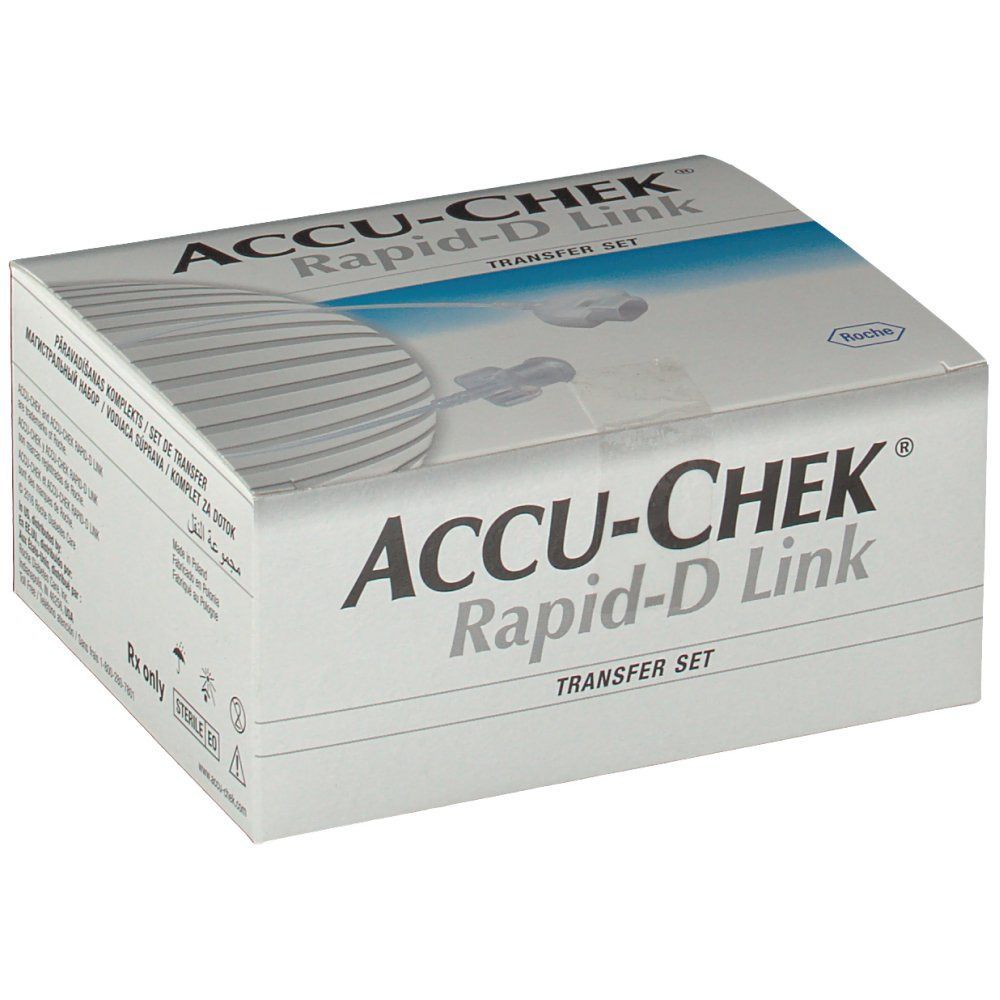Kartonverpackung mit Produktnamen ACCU-CHEK Rapid-D Link. Text: TRANSFER SET. Roche-Logo. Weiß und blau.