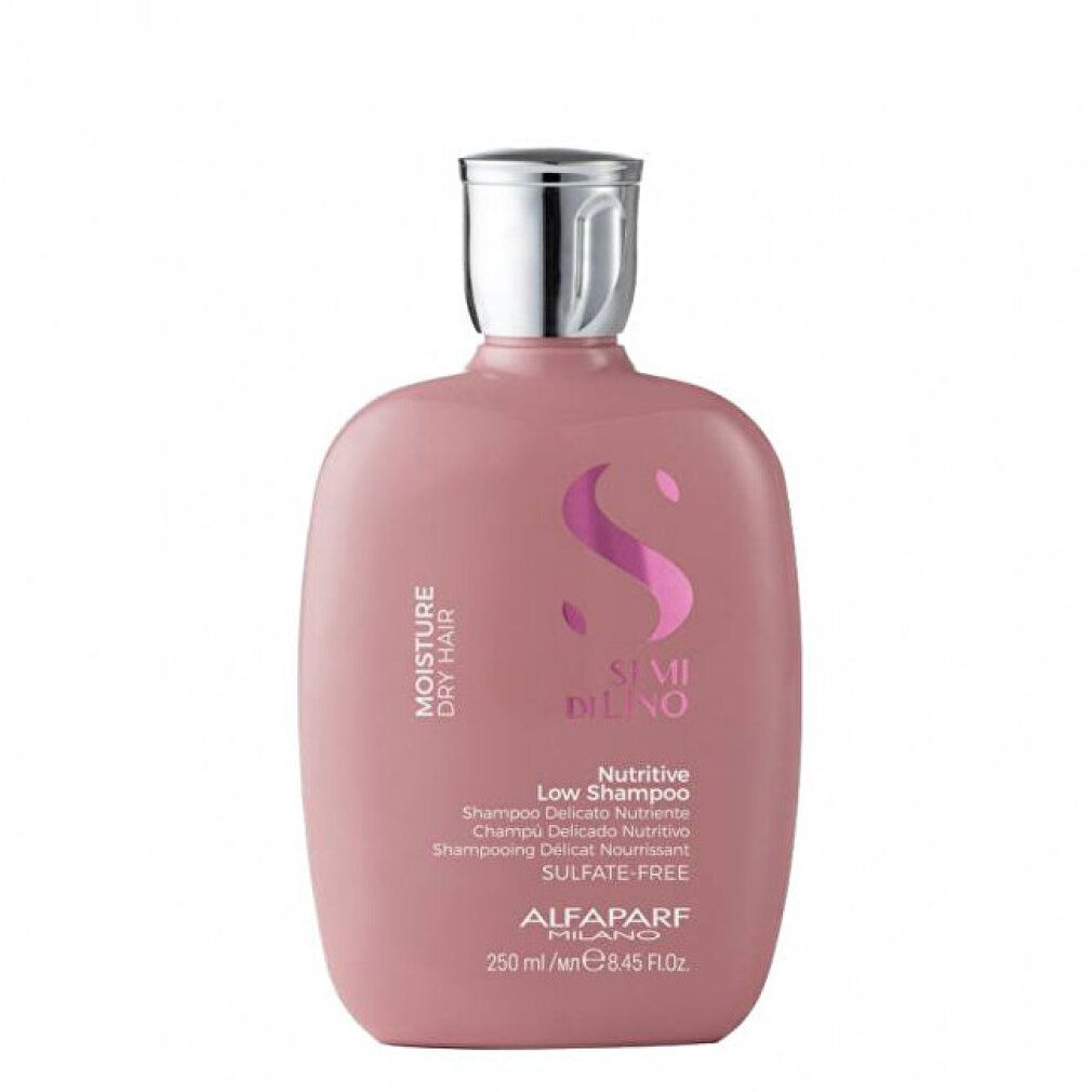 Rosa Flasche mit silbernem Verschluss. Aufschrift: Semi Di Lino, Nutritive Low Shampoo, Alfaparf Milano. Volumen: 250 ml.