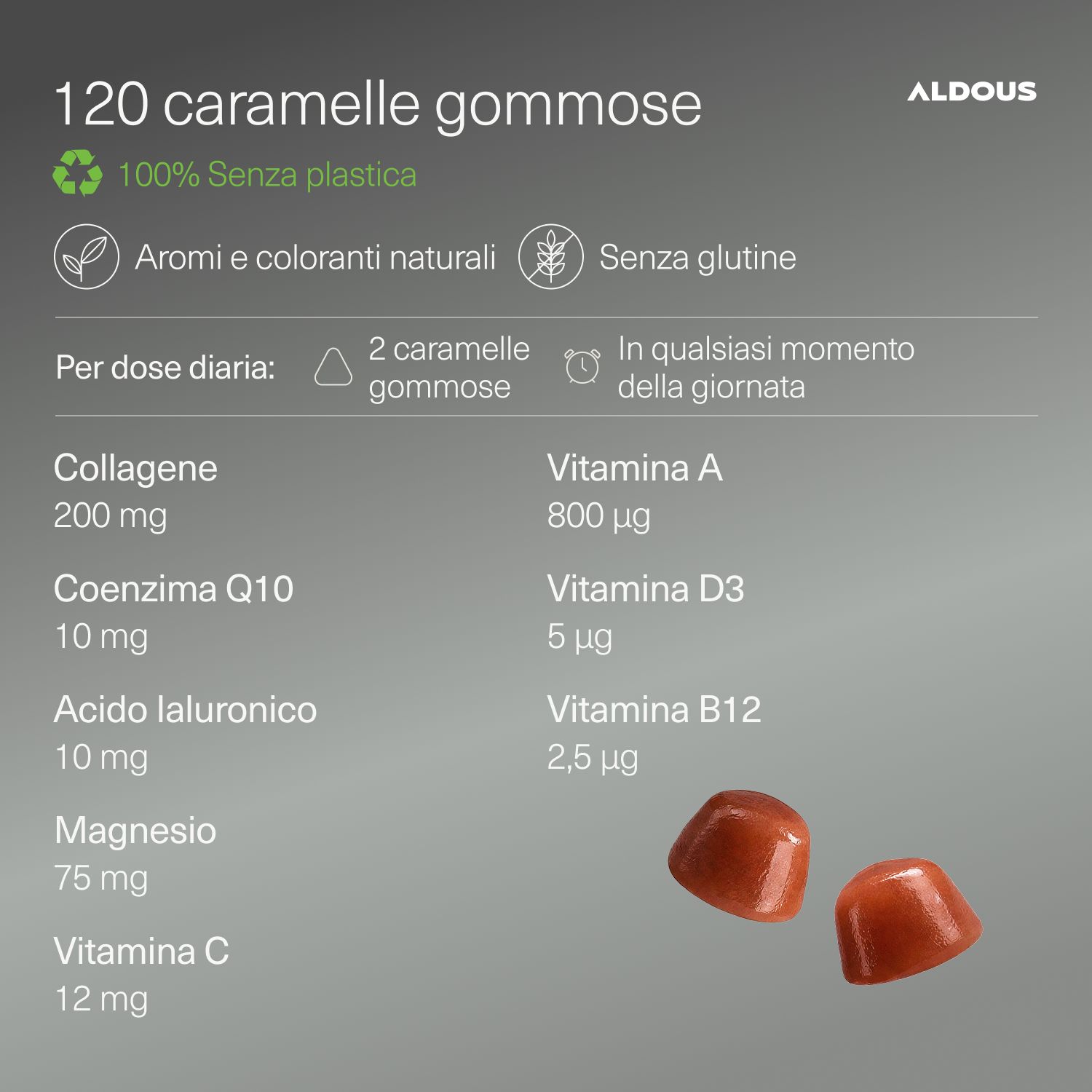 Aldous Colagene Gummies: 120 Stück, 100% plastikfrei, Aromen und Farbstoffe natürlich, ohne Gluten.