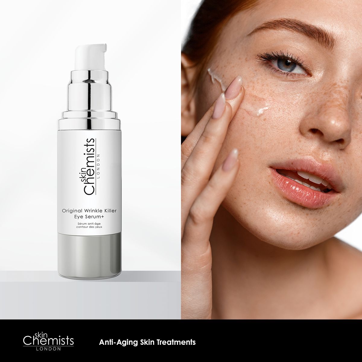 Augenserum-Flasche neben Gesicht. Frau trägt Serum auf. Text: SkinChemists London, Original Wrinkle Killer Eye Serum+.