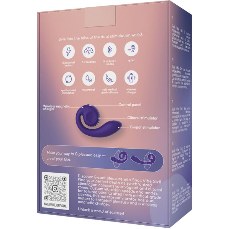 Rückseite der Snail Vibe Gizi Verpackung. Enthält Produktmerkmale, Illustrationen und technische Daten.