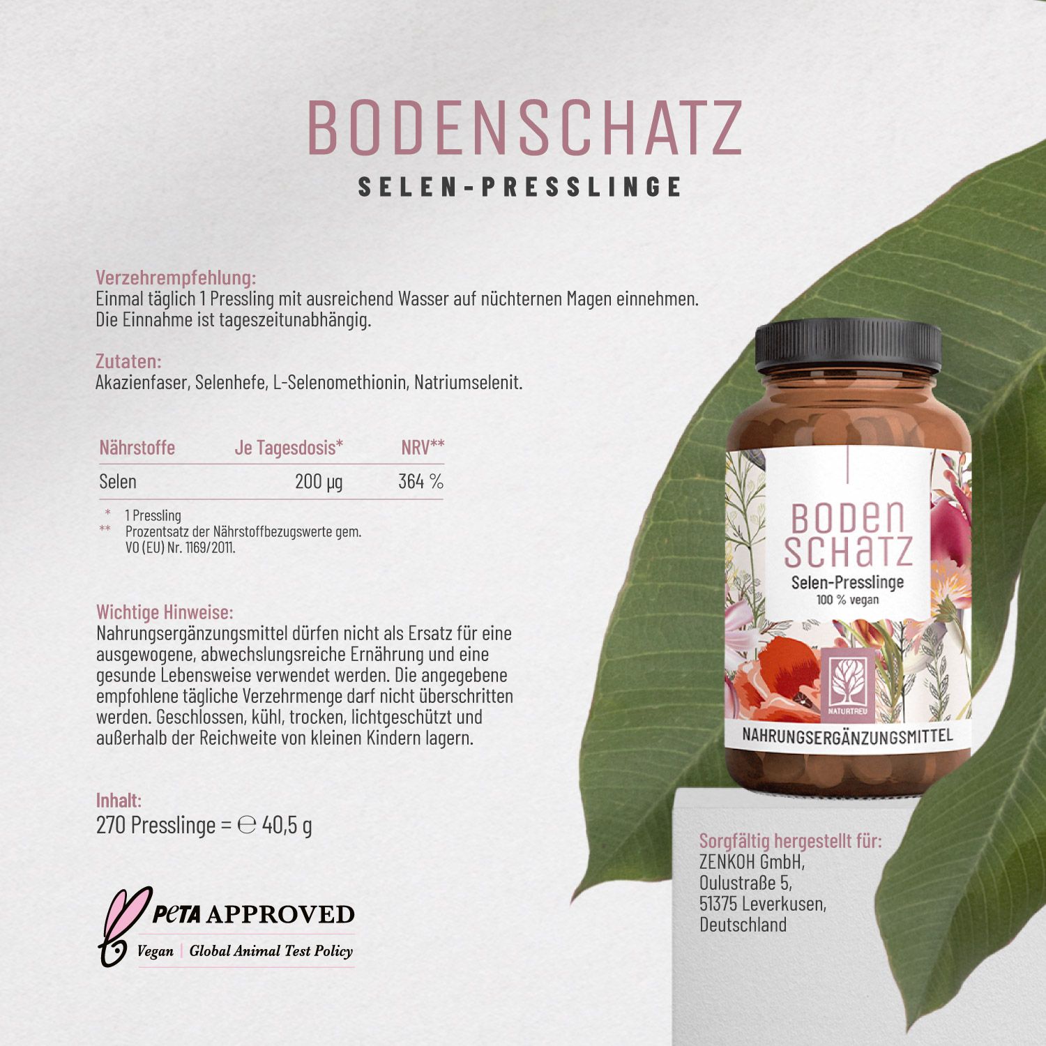 Braune Glasflasche mit Produktaufdruck. Text: BODENSCHATZ, Selen-Presslinge. Nährwerttabelle. PETA-Logo. 270 Presslinge = 40,5 g.