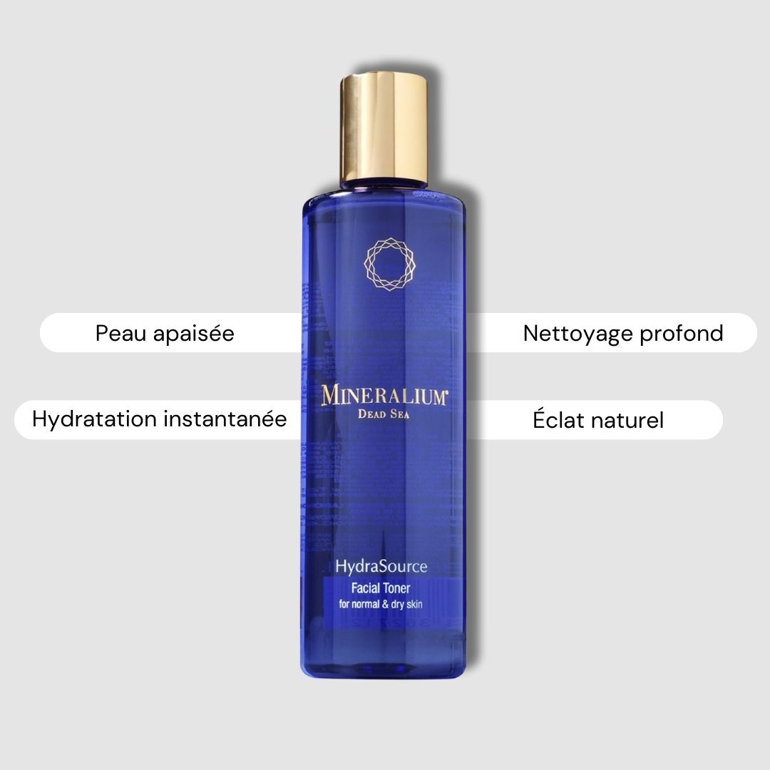 Tonique visage bleu avec texte. Texte : Mineralium, Dead Sea, HydraSource, Facial Toner. Avantages : apaise, nettoie, hydrate, éclat.