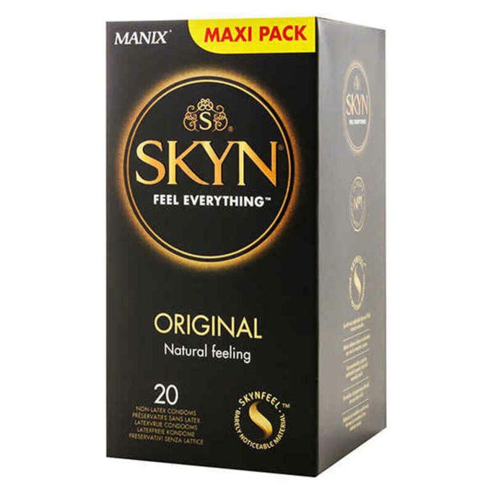 Schwarze Verpackung SKYN Original, 20 Kondome. Aufschrift "Feel Everything".