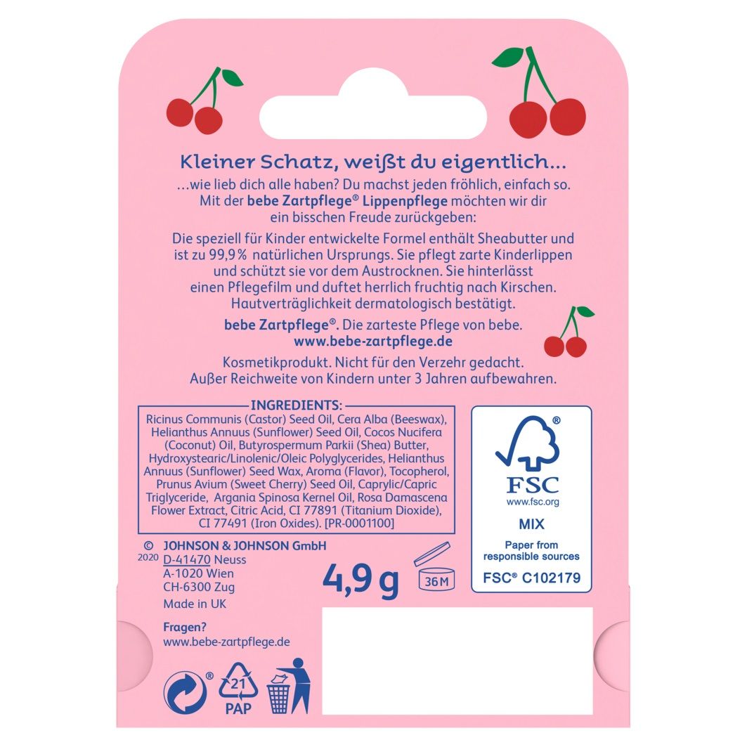 Rückseite der Verpackung. Rosa Hintergrund mit Text und Kirschmotiven. Enthält Inhaltsstoffe, FSC-Logo und "bebe Zartpflege".