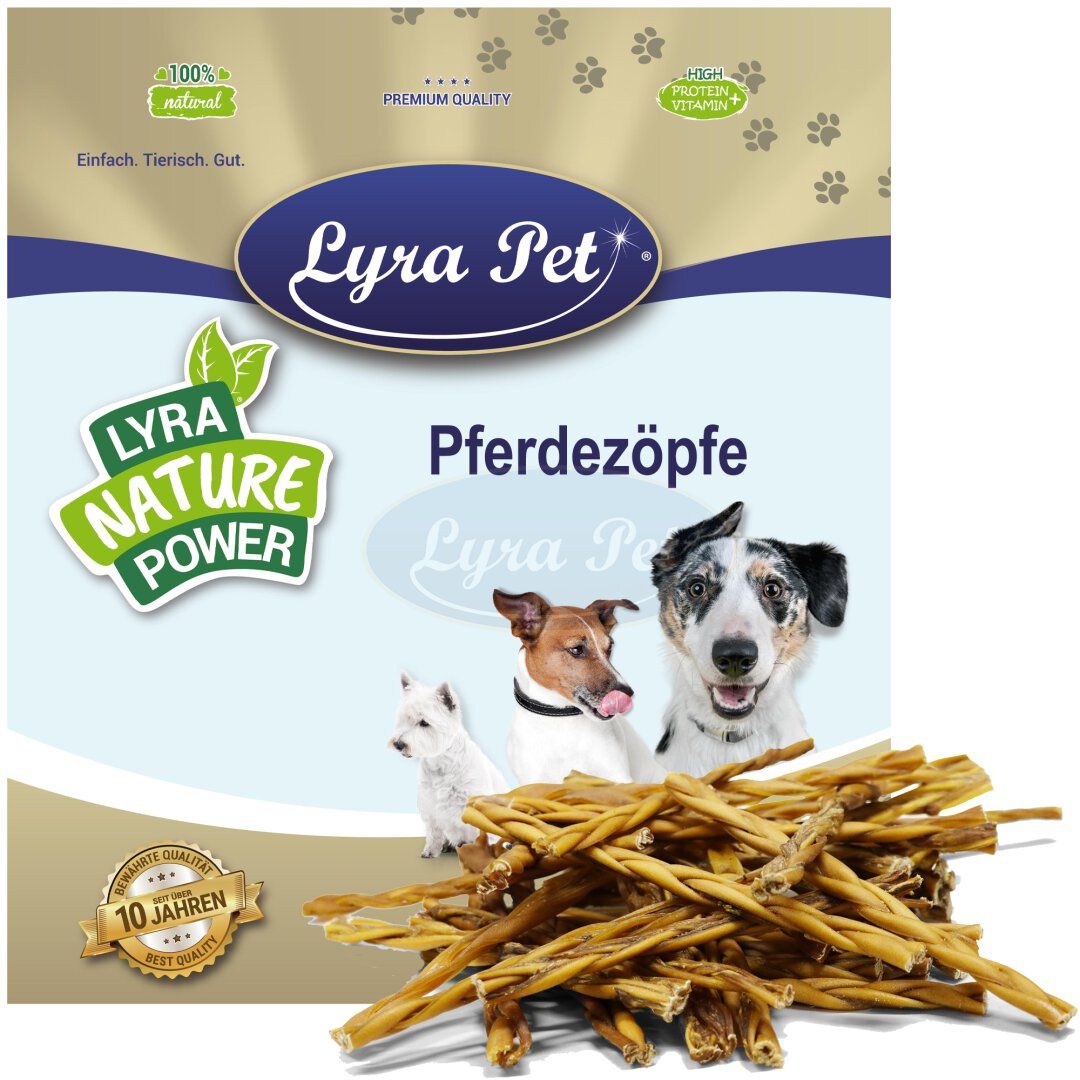 Lyra Pet Pferdehautzöpfe, verpackt. Produkt mit Logo, Hundeabbildungen und Text. "Lyra Nature Power" und "100% natural" Logos.