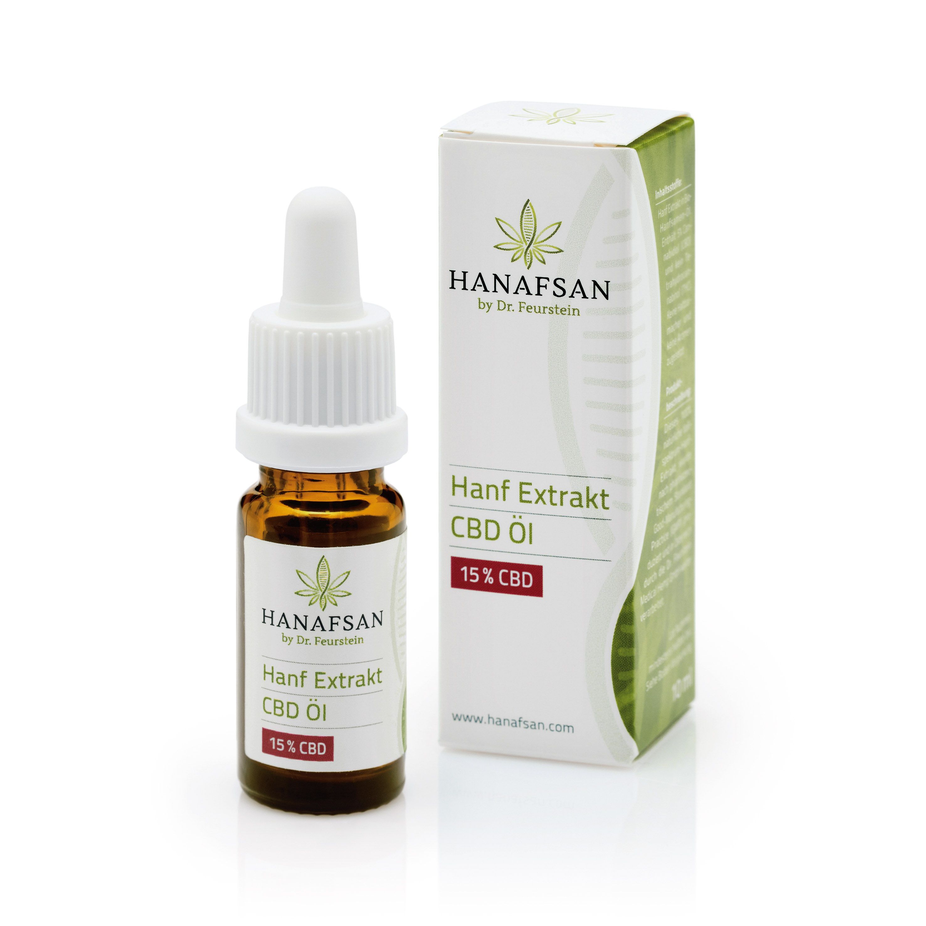 Braune Glasflasche mit weißem Tropfer und Verpackung. Aufschrift: HANAFSAN Hanf Extrakt CBD Öl 15% CBD.
