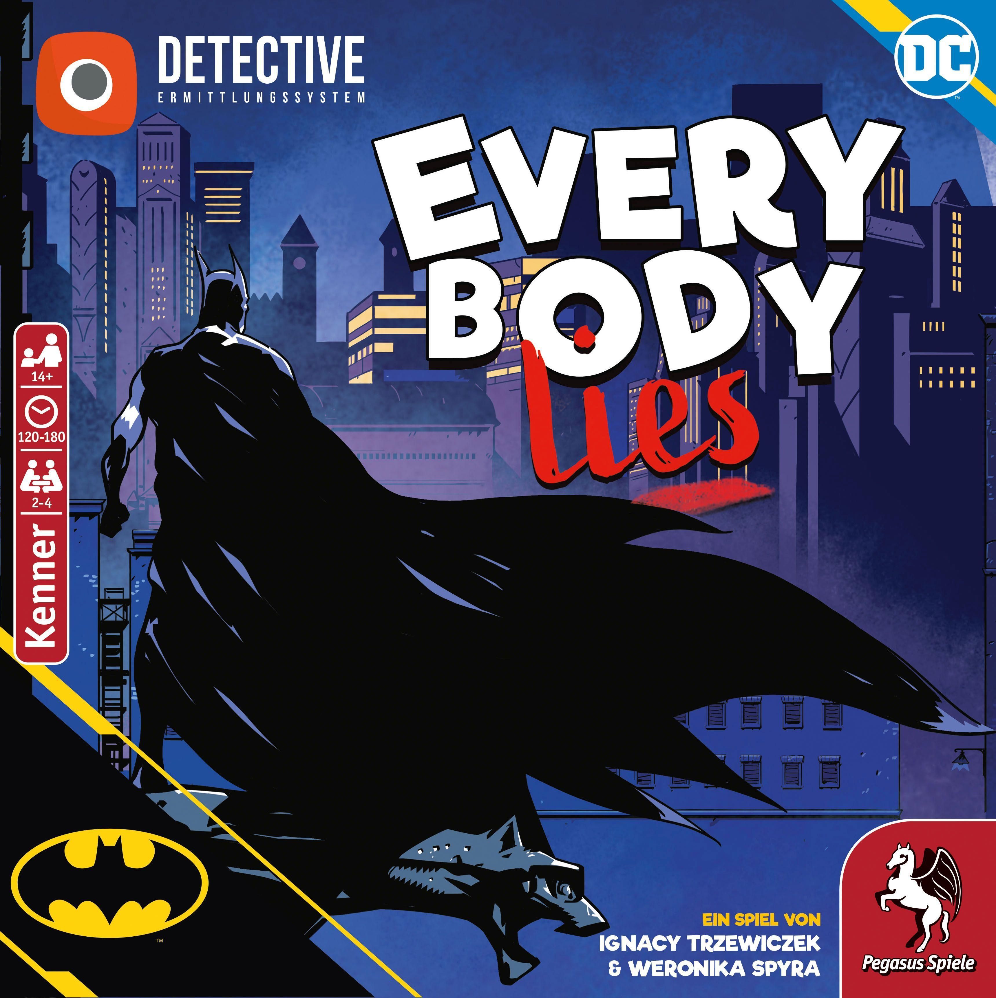 Spielbox Batman - Everybody Lies. Batman-Illustration, Titel in Großbuchstaben. Logo DC, Pegasus Spiele. Kenner-Logo.