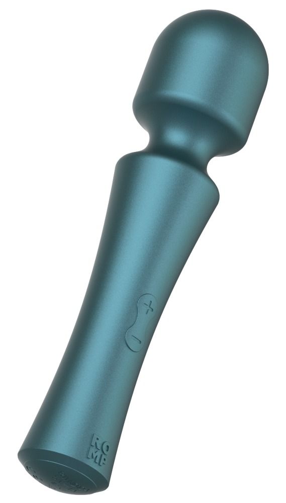 Blaugrüner Vibrator mit abgerundetem Kopf und Griff. Plus- und Minus-Symbole. ROMP-Logo.